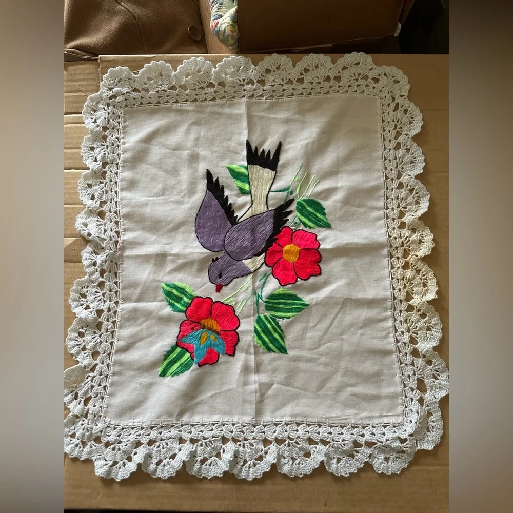 Embroidered Bird & Floral Lace Doily ⚠️ Stains 24 x 21 Large Piece